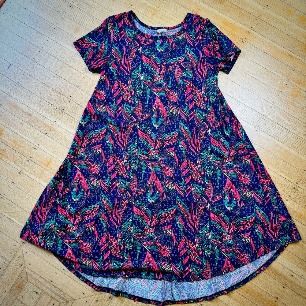 LulaRoe Vibrant Peacock Print, Carly Dress, XS/SM, High Low